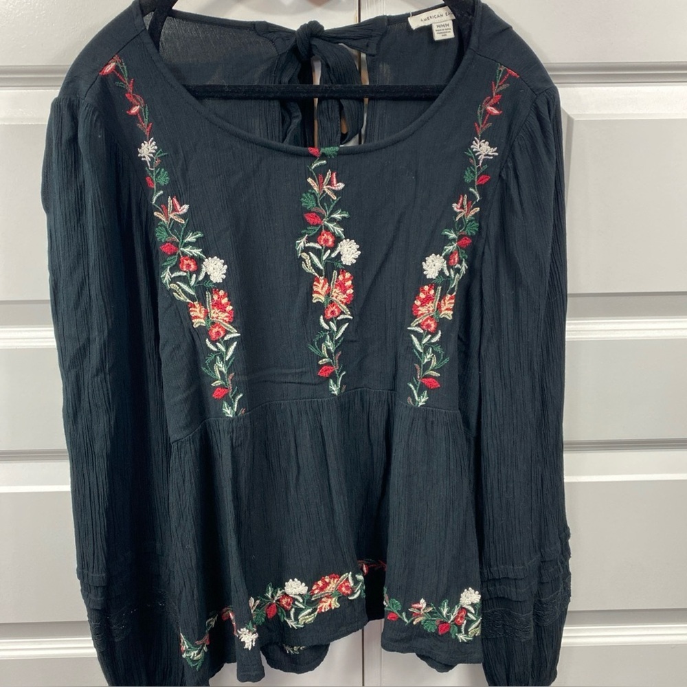 Boho Peasant Gauze Embroidered Floral Long Sleeve Top Black Medium American Eagl